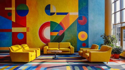 Vibrant lounge area with yellow armchairs and colorful abstract wall art.