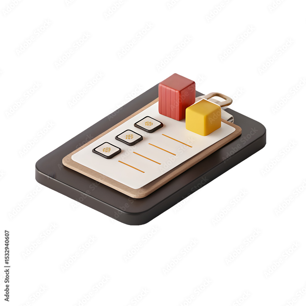 Poster 3d icon of a 3d icon of a checklist with red and yellow blocks, isolated on transparent background