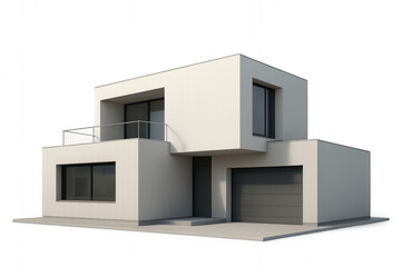 3D modern house with sleek design and large windows, isolated on transparent background.