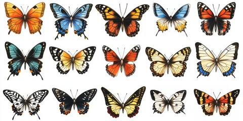 Delicate Handcrafted Butterflies: Watercolor Illustrations of Beautiful Winged Creatures on Clean White Canvas