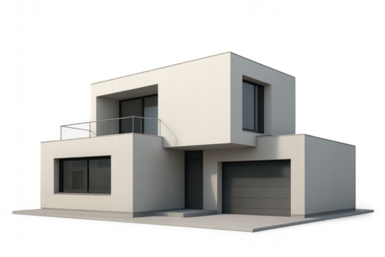 3D modern house with sleek design and large windows, isolated on transparent background.
