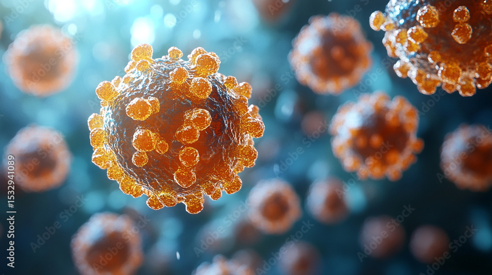 Poster microscopic view of virus cells floating in a dark, illuminated environment