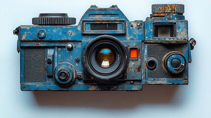 Rusty blue vintage camera on white background