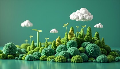 Green Miniature Landscape with Clouds: Ecology, Growth, and Fantasy Environment Concept