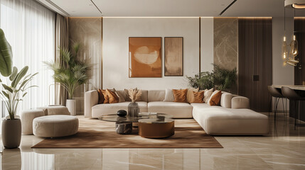 Luxury Apartment Living Room with Decorative Plants 