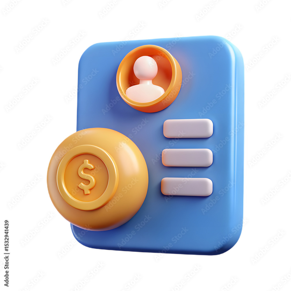 Poster 3d icon of a vibrant 3d icon depicting a stylized phone with a dollar coin and user profile, isolate