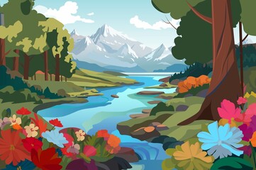 A vibrant illustration showing a serene landscape with mountains, trees, and a flowing river surrounded by colorful flowers.