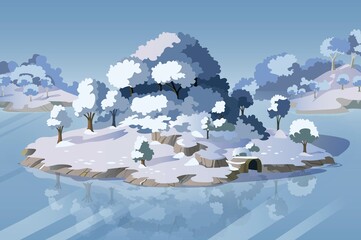 A serene winter scene depicting a snow-covered island with trees and a calm blue lake, evoking a peaceful and enchanting atmosphere.