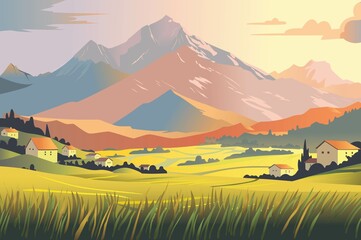 A serene mountain landscape featuring rolling hills, distant mountains, and scenic villages under a gentle sky, showcasing natural beauty and tranquility.