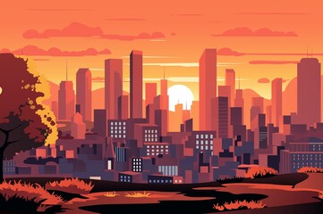 A vibrant illustration of a city skyline during sunset. The scene features towers and buildings silhouetted against an orange sky, creating a beautiful atmosphere.