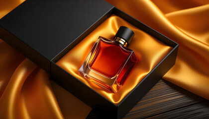 Elegant bottle of men's cologne or perfume presented in a luxury black gift box with a golden satin lining, symbolizing a sophisticated and expensive gift.
