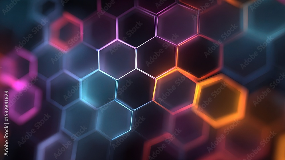 Poster abstract neon hexagon grid with subtle outlines and color gradients