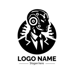 Stylized black and white human-robot hybrid head in profile within circular frame. Artificial intelligence concept