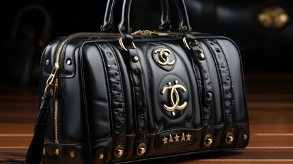 Elegant black handbag with gold accents featuring a stylish logo.