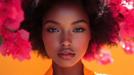 Beautiful young Black woman with curly hair surrounded by vibrant pink flowers.