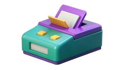 Colorful 3d render of a modern receipt printer with vibrant teal purple and yellow accents