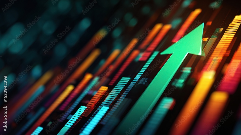 Poster bright green arrow rising across multicolored background with scale