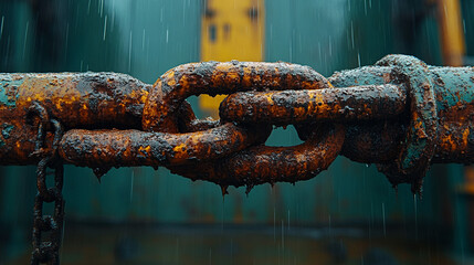 Rusty chain links in rain with blurred industrial background