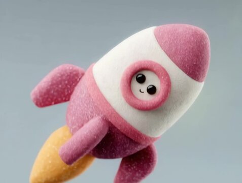Soft toy rocket with a friendly face floating in the air during a colorful animation