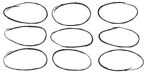 Black circle, pen draw. Highlight hand drawing different circles isolated on background. Bright red scribble ovals and bubbles to circle and highlight text. EPS 10