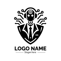 Logo AI Robot: The AI robot logo with a coat and tie is designed with integrated technology and connectivity elements. This sleek, contemporary logo represents the modern technology. 