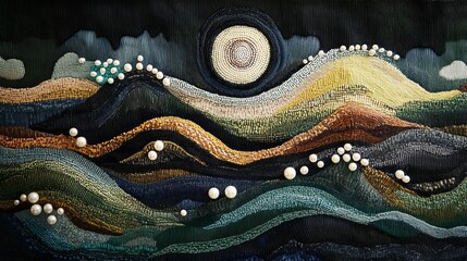 Abstract landscape painting with hills moon and small white dots in dark colors.