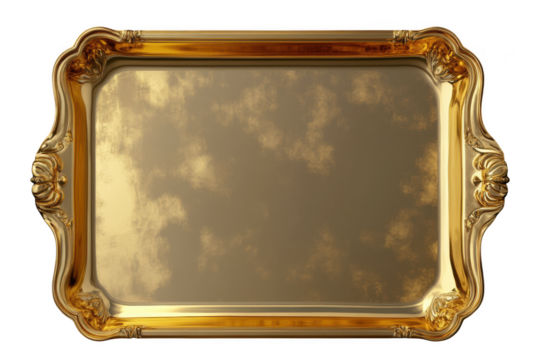 Ornate gold tray, decorative item on white background on transparent background