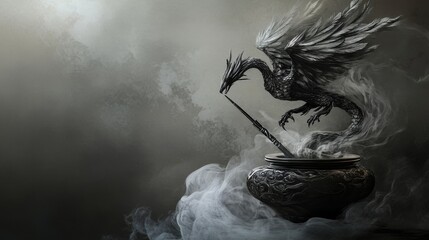 Dragon statue with wings on a stone base surrounded by fog or smoke.