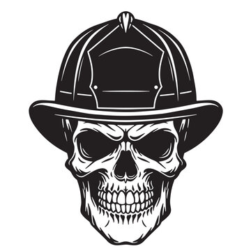 Vector illustration of a skull wearing a firefighter helmet silhouette in black and white
