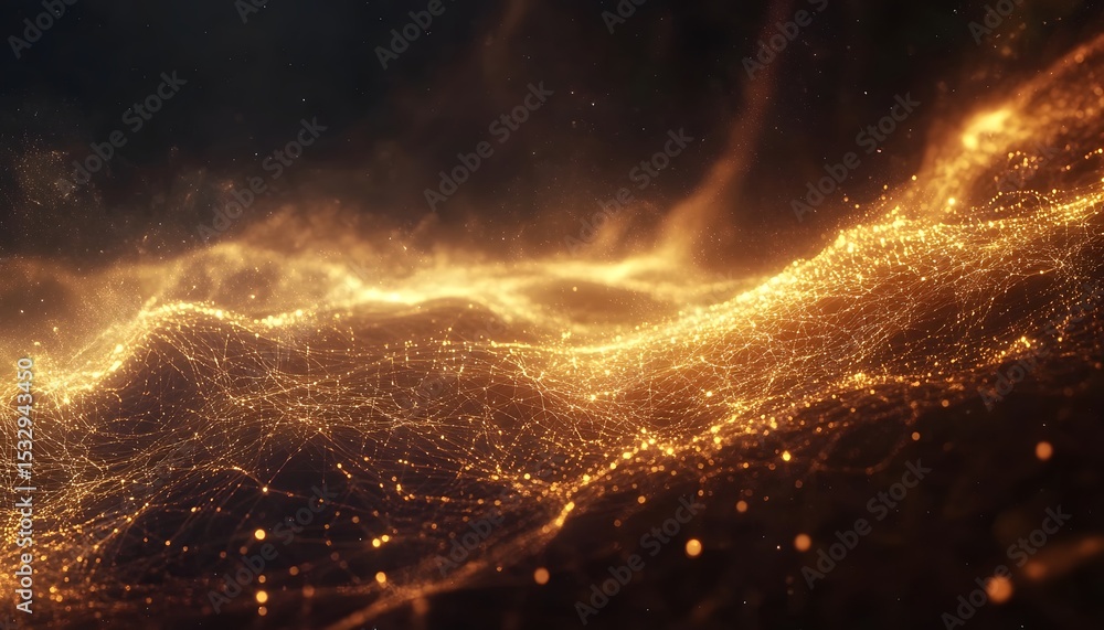 Poster golden network of interconnected points and lines forming a textured surface.