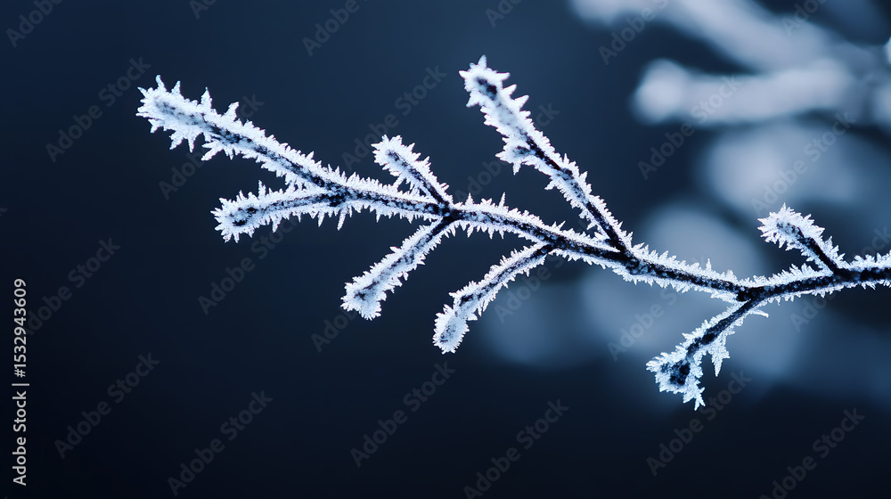 Aufkleber frost-covered branches create a delicate pattern against a dark background during winter.