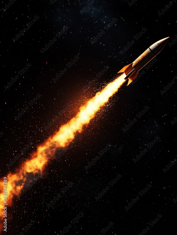Poster digital rendering of rocket missile launch with fiery propulsion trail over black space backdrop