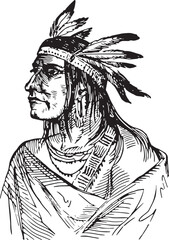 Vintage Line Art Illustration of a Native American Chief Profile