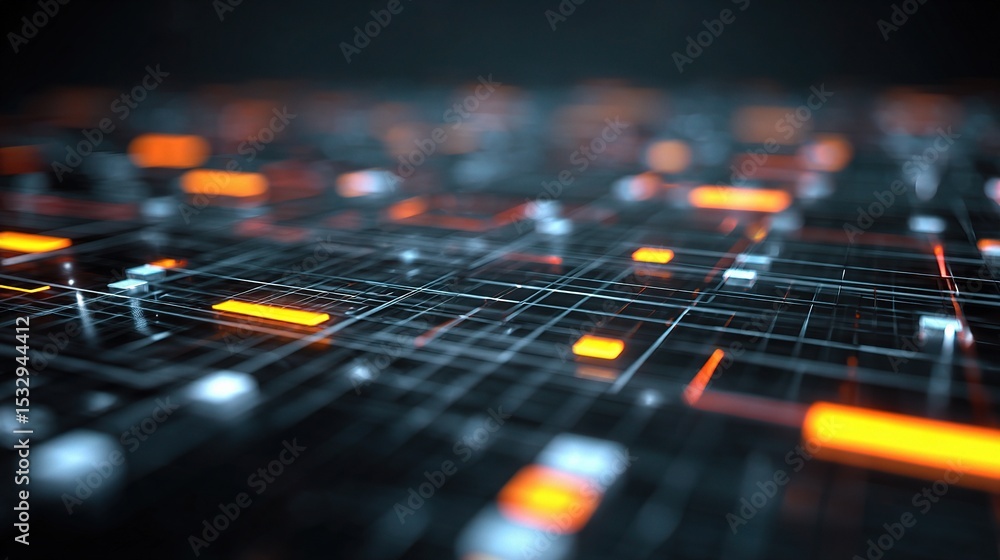 Poster abstract digital data grid with floating holographic icons and lights