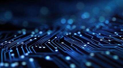 Dark Blue Holographic Circuit Overlay on a Futuristic Background