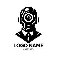Distinctive black and white robot face with central eye design in a formal suit. Technology concept