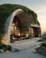 Modern Concrete House with Lush Green Overgrowth at Sunset