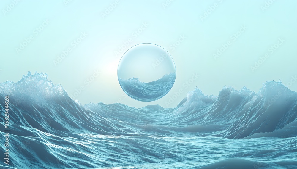 Poster tranquil ocean scene with a floating sphere.