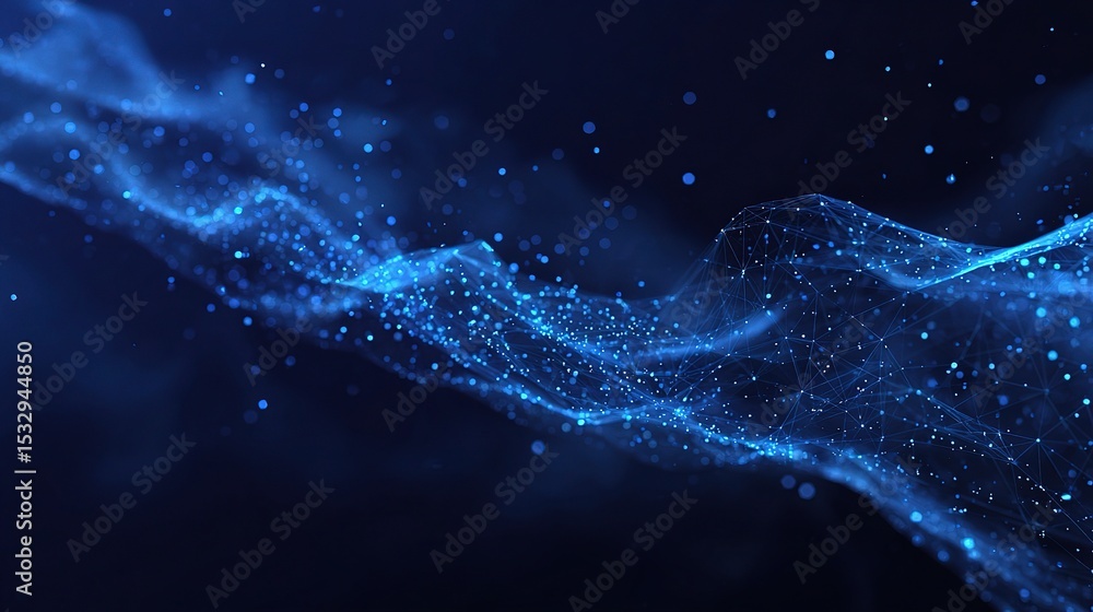 Poster blue polygonal wave background with particle trails for abstract use