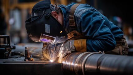 A male welder in protective helmet and uniform is performing pipe welding with bright sparks. Heavy industry and metalwork production footage.