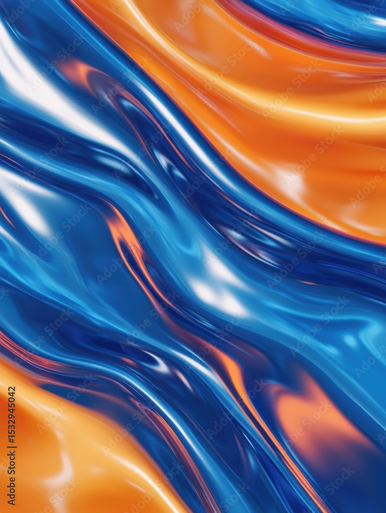 Poster glossy abstract waves in vivid blue and orange tones harmonizing in a dynamic flow. generative ai