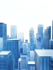 Fototapeta premium wide city facade with blue color different geometric shape buildings in white background and open sky.