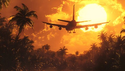 Airplane landing at sunset over a tropical forest.