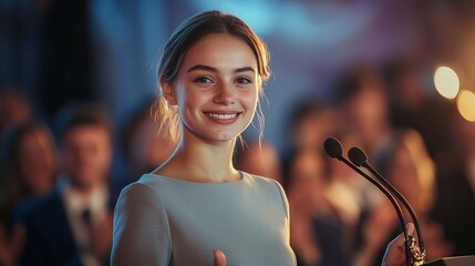 Smiling young woman at an award ceremony, exuding confidence and joy.