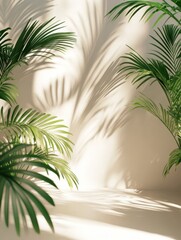 Serene minimalist studio backdrop with soft light, shadows, and tropical plant leaves.