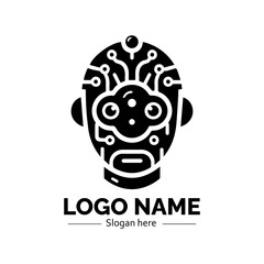 Abstract black and white robot head with integrated circuit patterns and cloud-like facial features. Technology concept