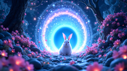 Magical Moonlit Rabbit: A fluffy white rabbit sits serenely before a glowing moon portal in an enchanted forest, surrounded by luminous pink flowers.