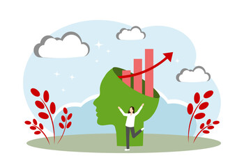 A woman and arrows from the head. The concept of personal growth, learning, career growth, successful business and a good idea