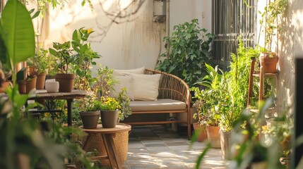 Fototapeta premium Serene Indoor Garden Space with Natural Light and Cozy Seating Surrounded by Lush Green Plants and Relaxing Atmosphere