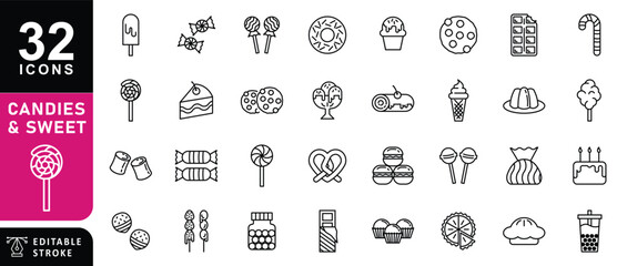 Sweets and Candies Black Line Icons Editable Stroke